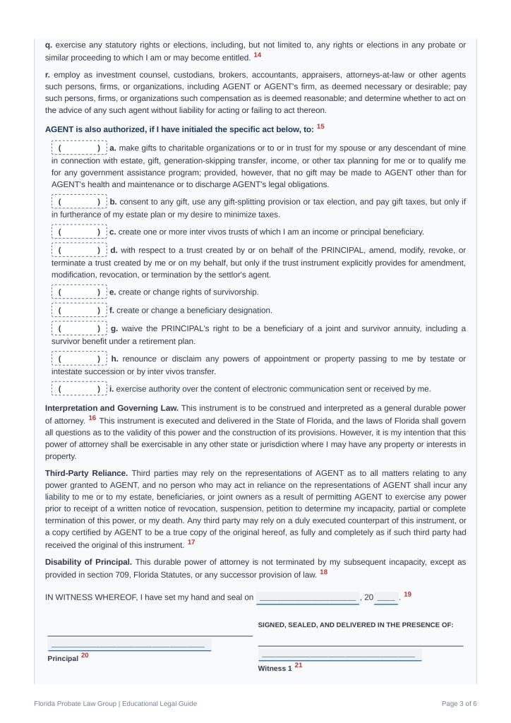 Free fillable Florida POA page 3 with instructions